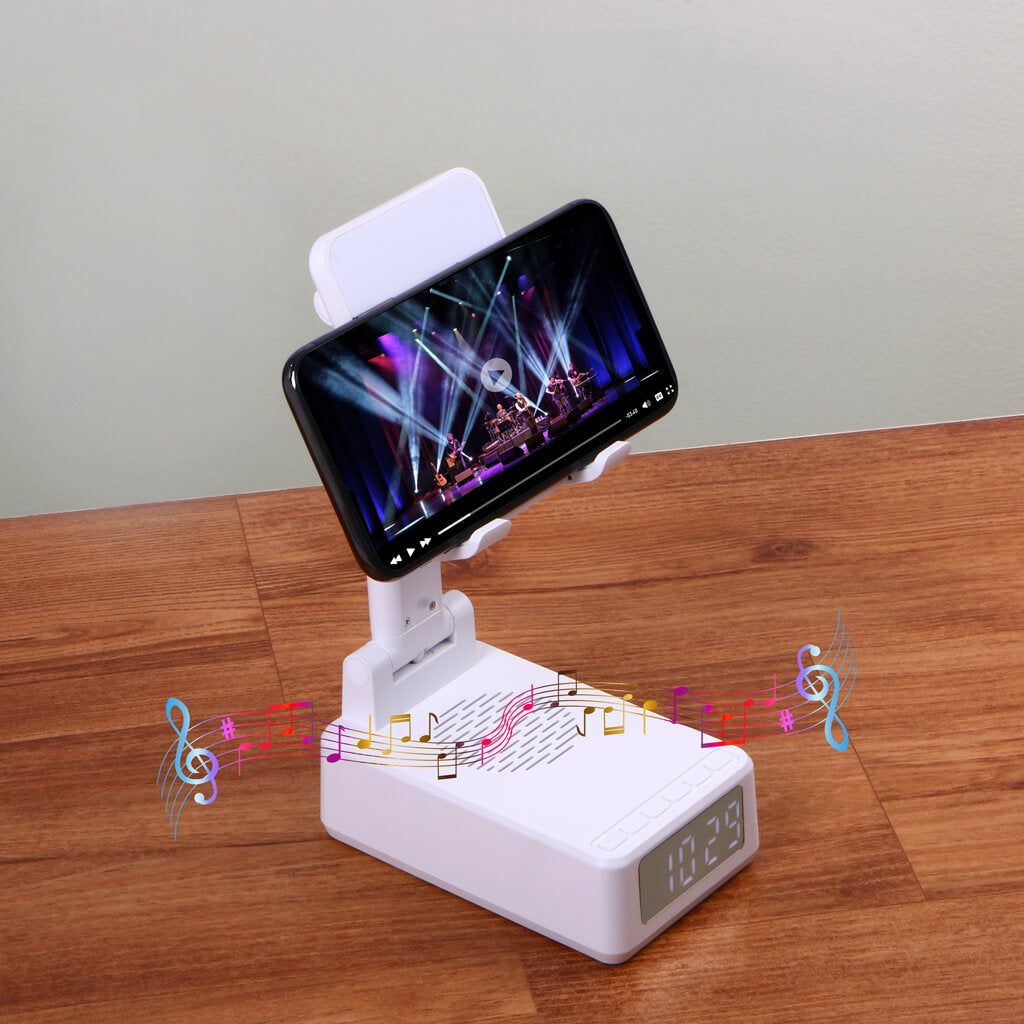4 in 1 Speaker & Wireless Charger with Clock & Phone Holder